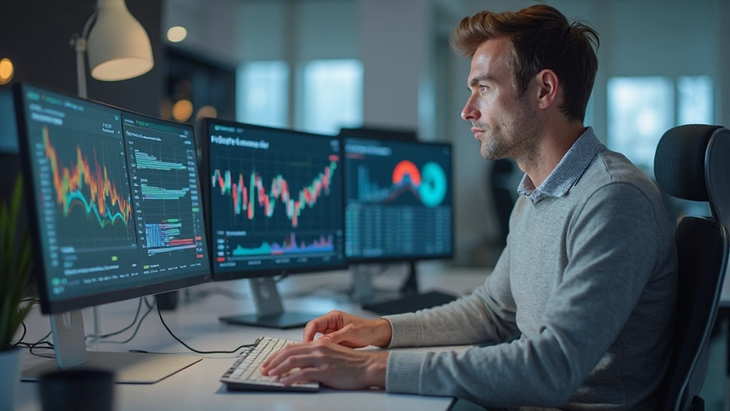 Analytik študuje finančné grafy a správy na počítači