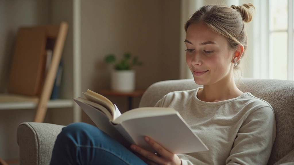 Mladá žena si čítajúca finančný sprievodca v pohodlnom domácom prostredí